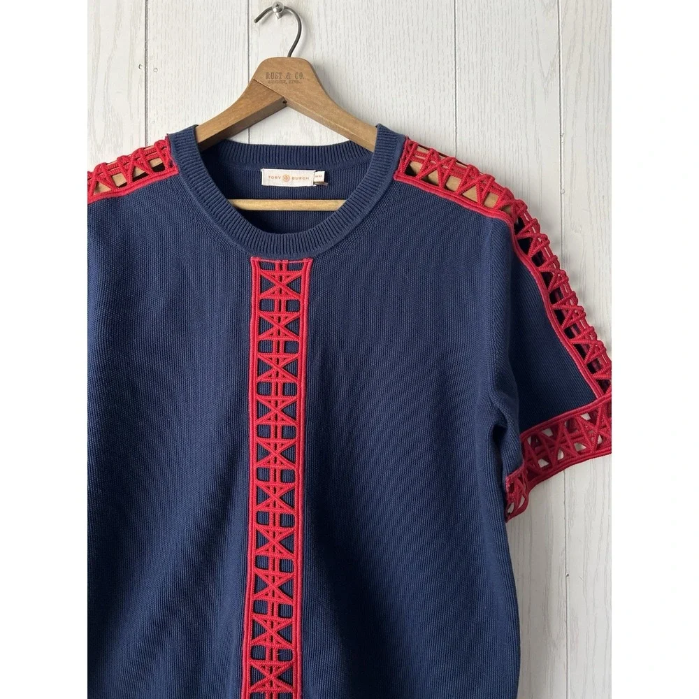 Tory Burch Knit Cotton Navy Blue Red Geo Cut Out Knit Yacht Top Blouse Coastal M